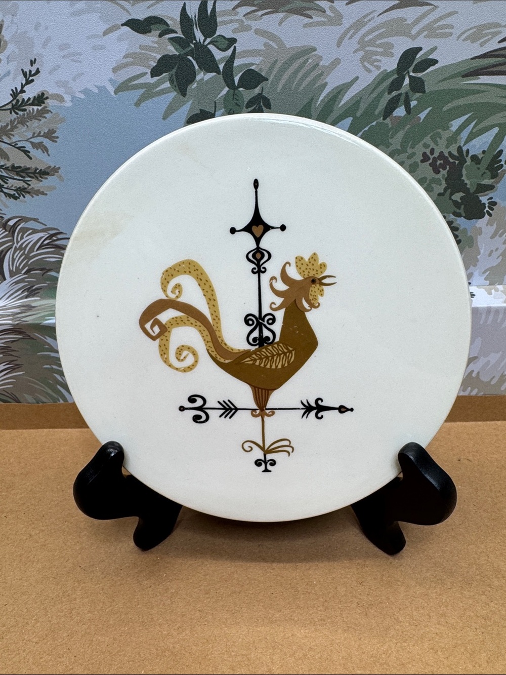 Vintage Knowles Ceramic Weather Vane Rooster Marked Plate in Gold and White